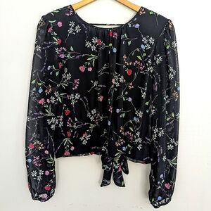 🌼 HP! Sheer Long Sleeve Wildflower Tie Back Blouse, Black, Willow&Clay